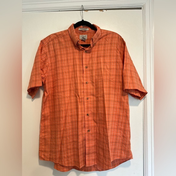 LLBean Mens Large Orange Plaid Traditional Fit Wrinkle Resist Short Sleeve - Picture 1 of 10